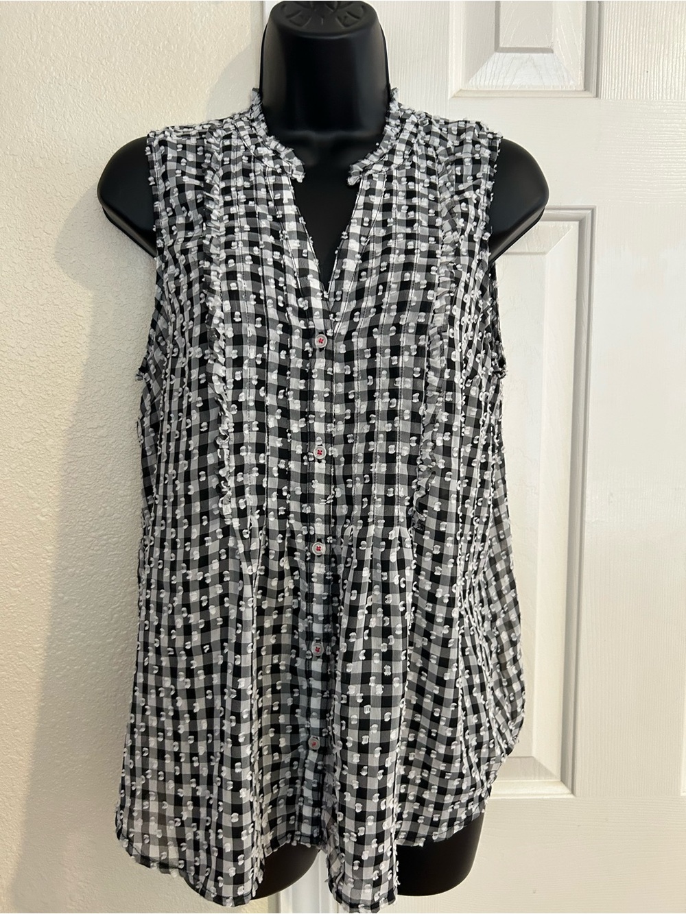 Anthropologie Black and White Gingham Sleeveless Ruffle Blouse